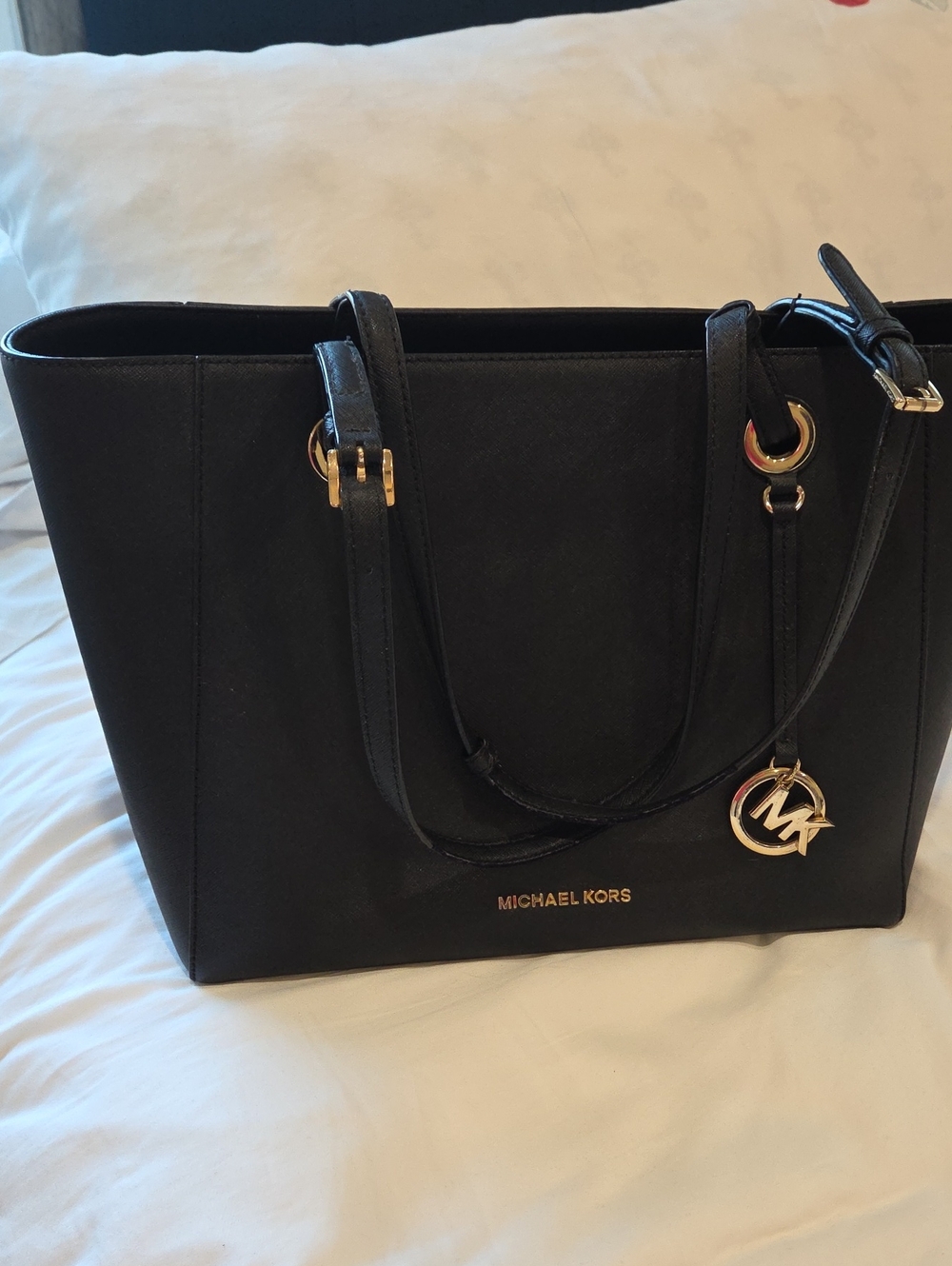 Michael Kors Black Leather Tote with Gold MK Charm